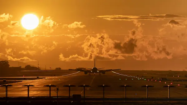 Airplane landing at sunset